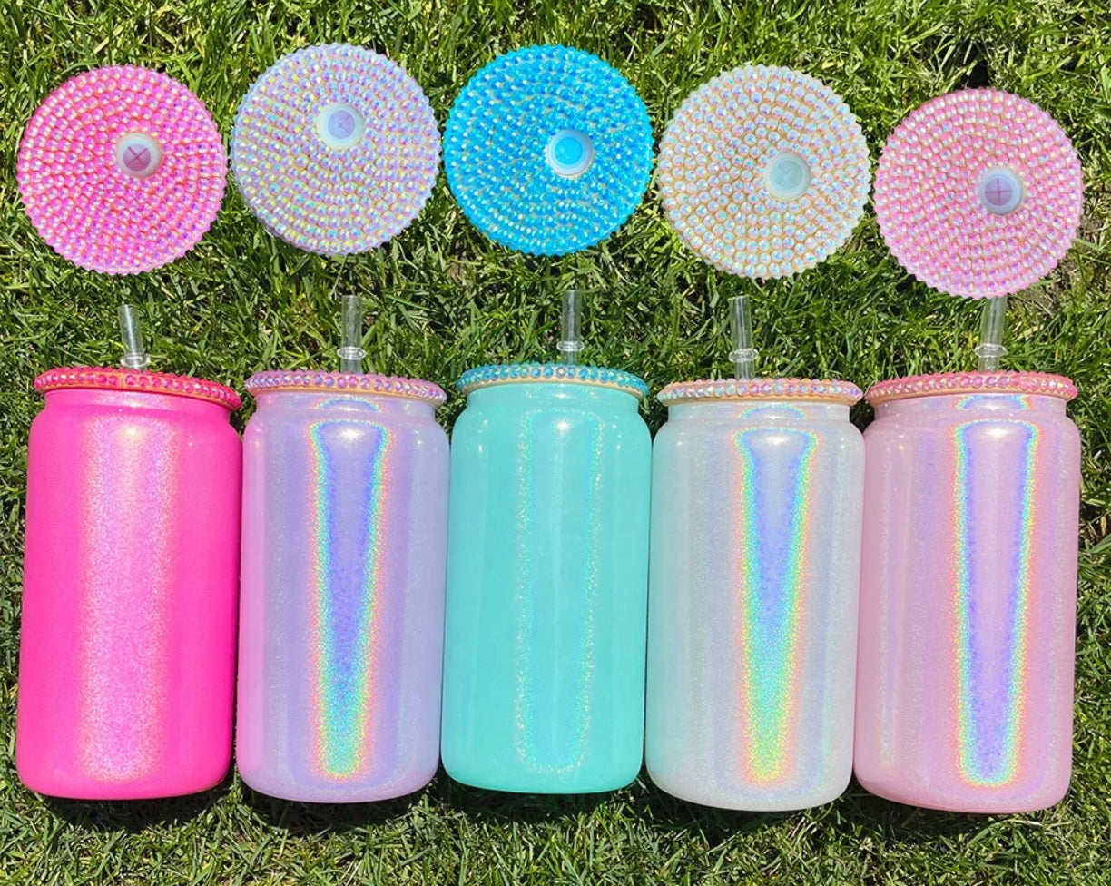 16oz Blank Sublimation Color Glitter Glass Can With Rhinestone Lid