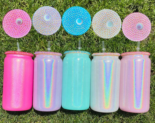 16oz Blank Sublimation Color Glitter Glass Can With Rhinestone Lid